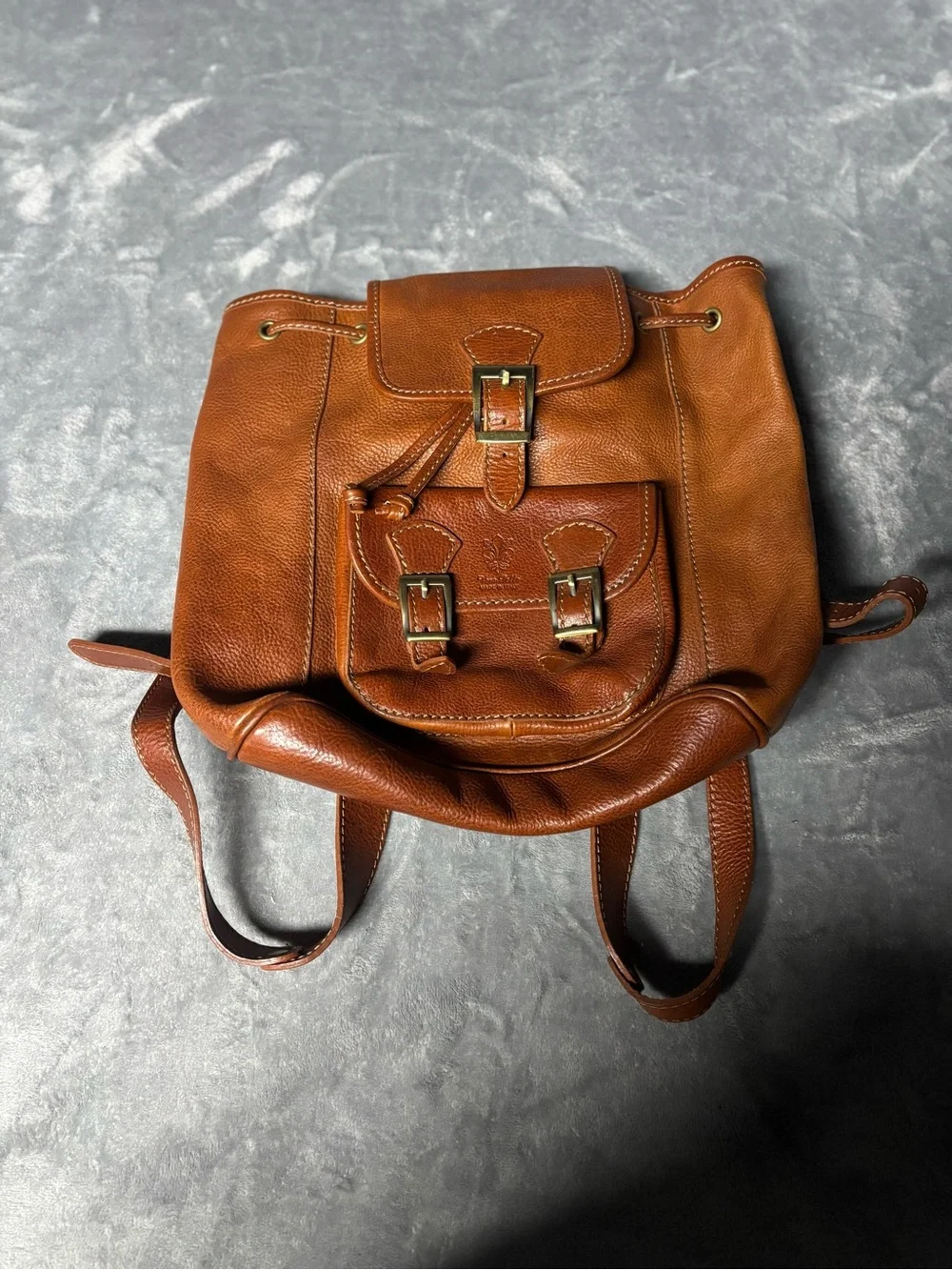 Vera Pelle Tan Leather Drawstring Backpack with Front Buckle Pocket